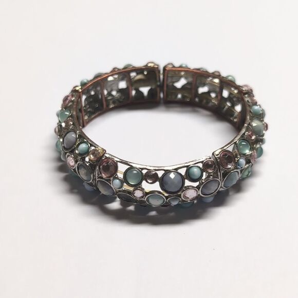 249 Vintage Silver Blue and Pink Faceted Beaded Bangle Bracelet - Picture 6 of 6